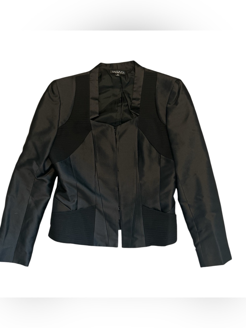 Tahari Black Wool Silk Open Front Cropped Blazer Jacket Women’s Size 6